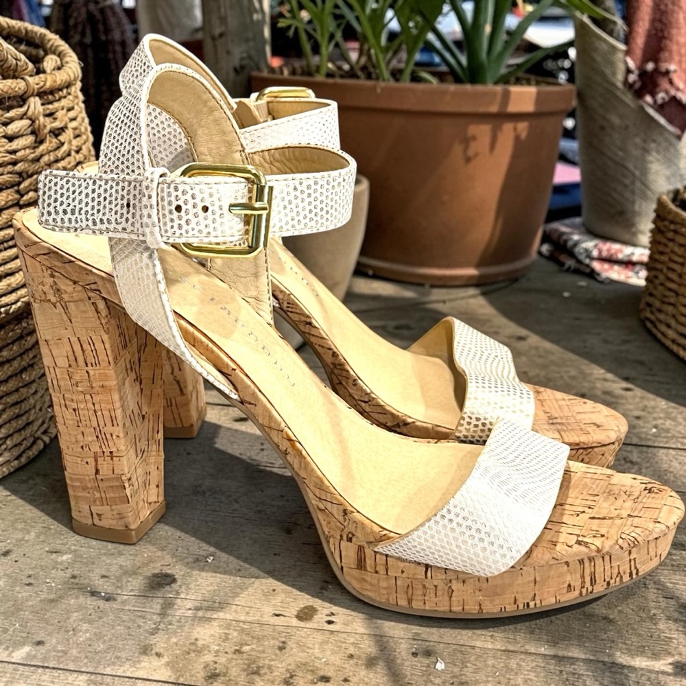 Chinese Laundry White Cork Block Heel Sandals with Gold Buckle